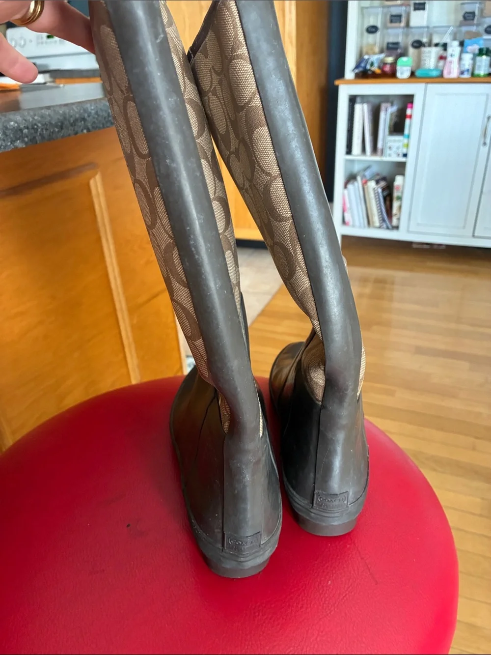 Coach Brown Signature Monogram Rain Boots with Dark Brown Foot. Size 8B.